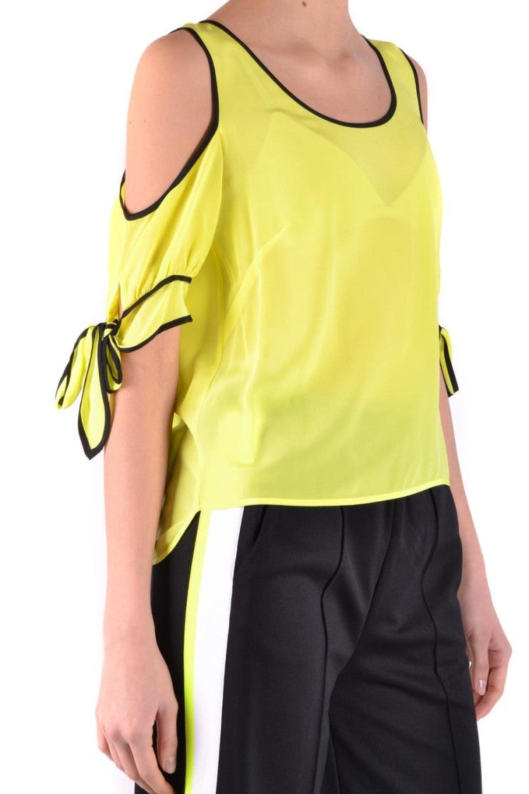 Cold-Shoulder Yellow Silk Top With Bow-Tied Sleeves