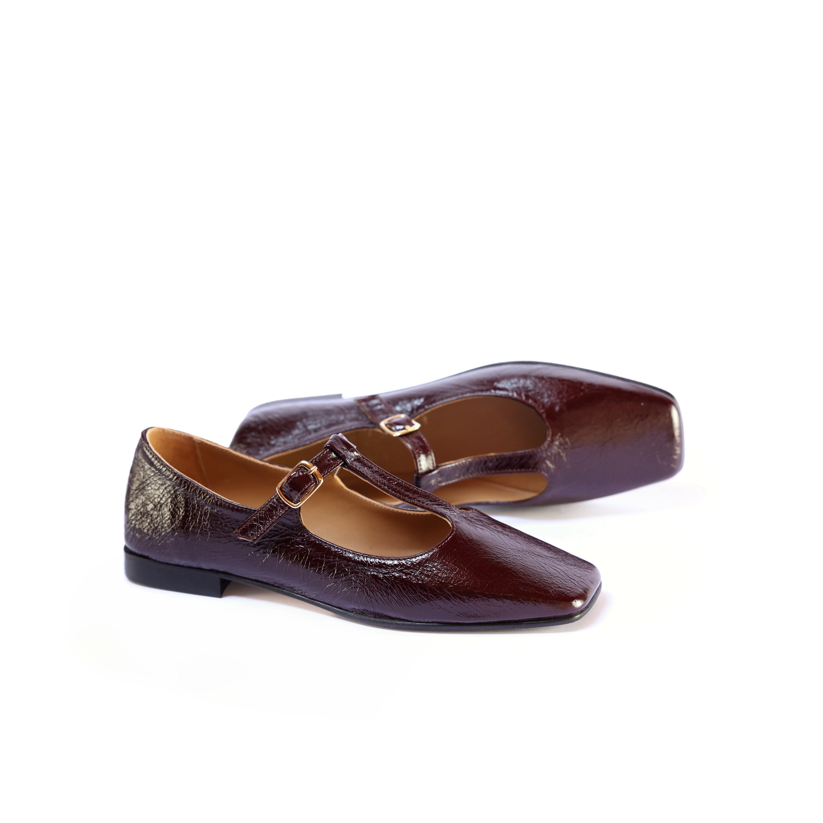 Bordeaux Leather Ballerina Flats with T-Strap