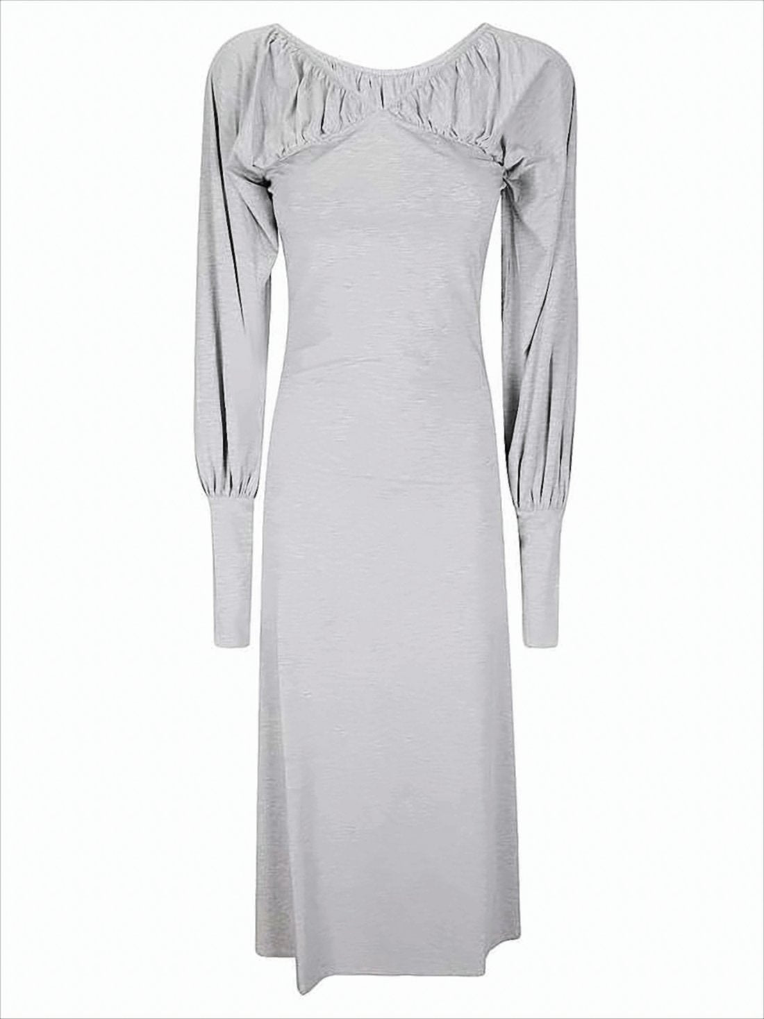 Fitted Grey Midi Dress with Gathered Neckline
