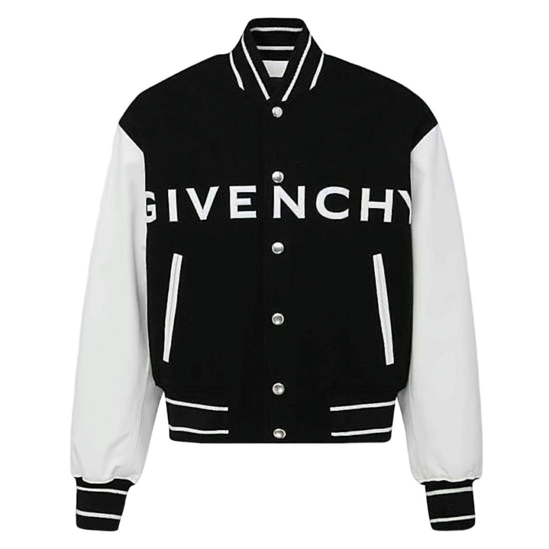 Contrast Leather-Sleeve Bomber Jacket with Bold Lettering