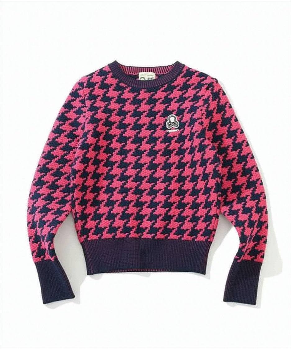 Bold Houndstooth Long-Sleeve Top with Ribbed Details