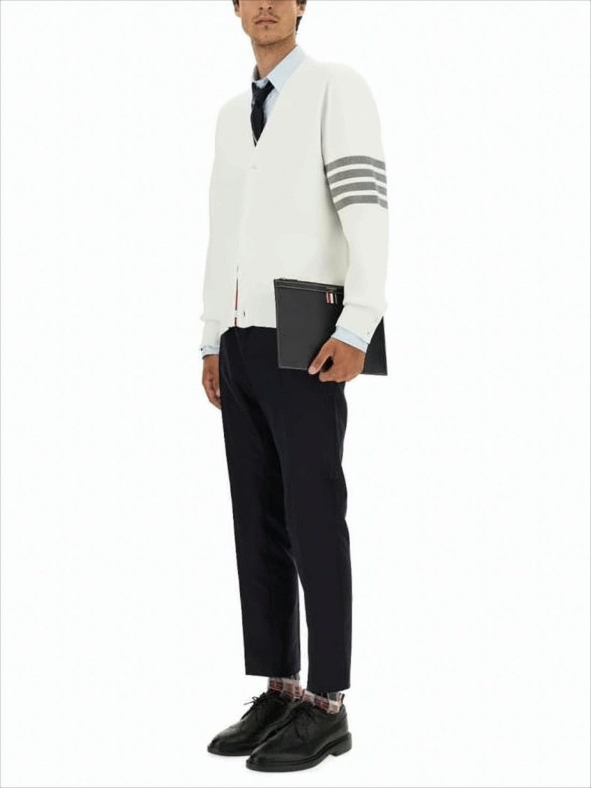 Minimalist White Cotton Cardigan with Ribbed Cuffs and Tricolor Detail