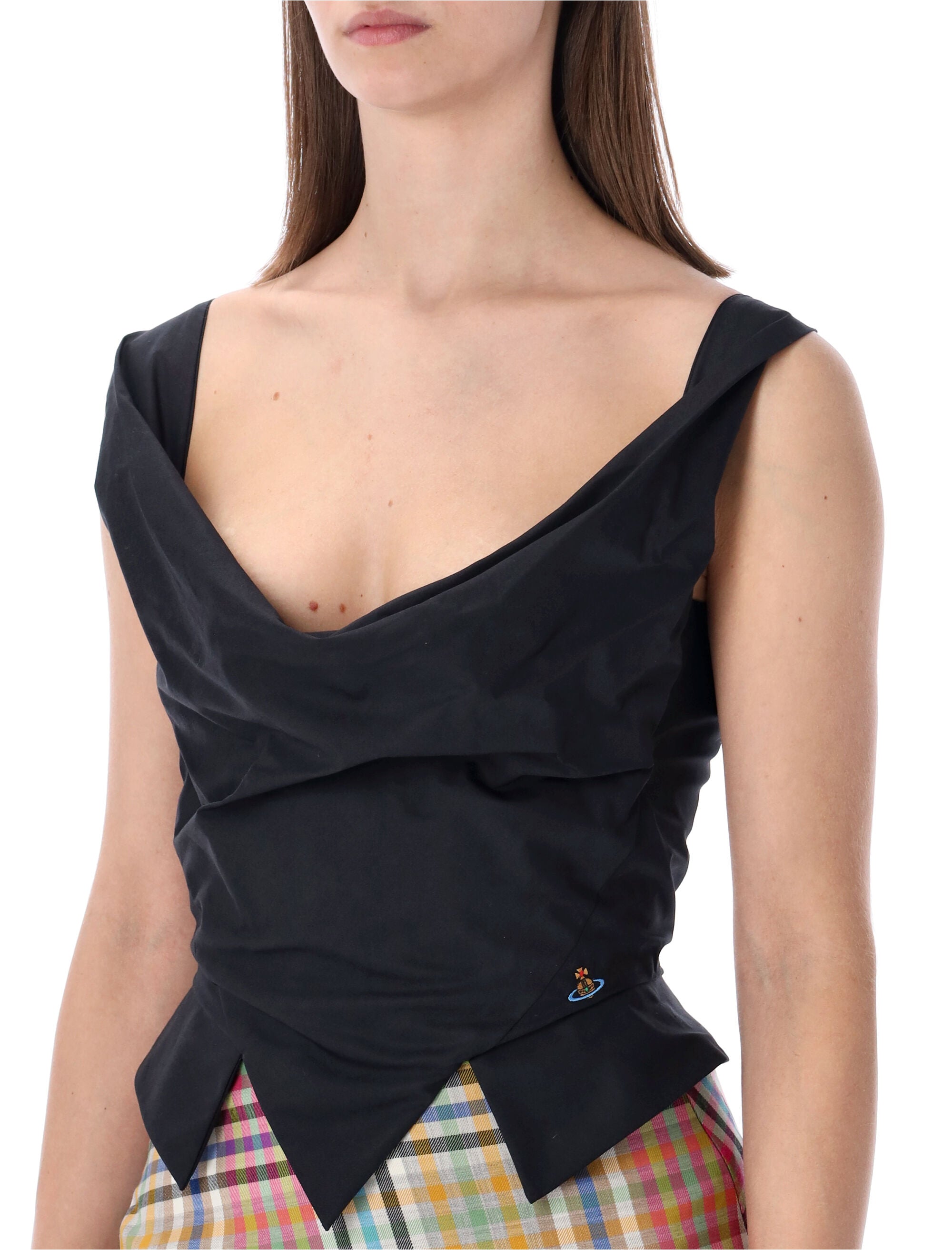 Sculpted Bodice Top With Draped Cowl Neckline And Angled Hem