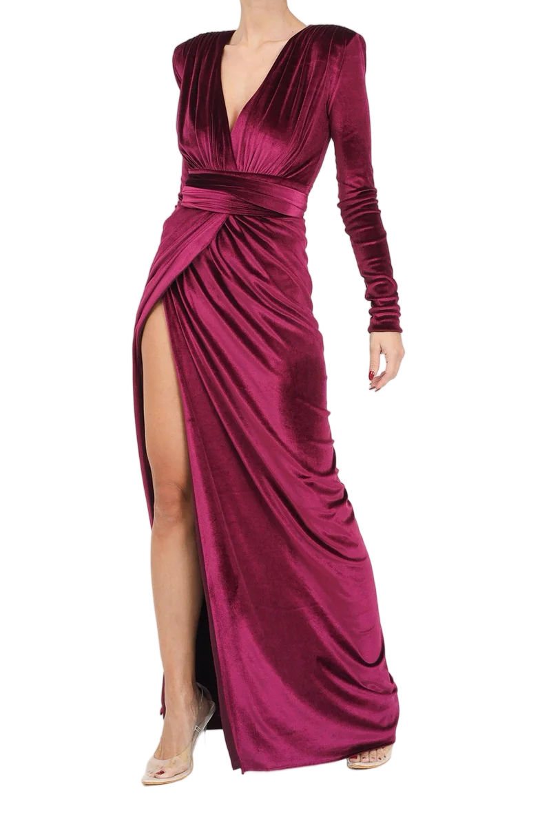 Red Polyester Elastane Women's Long Velvet Dress