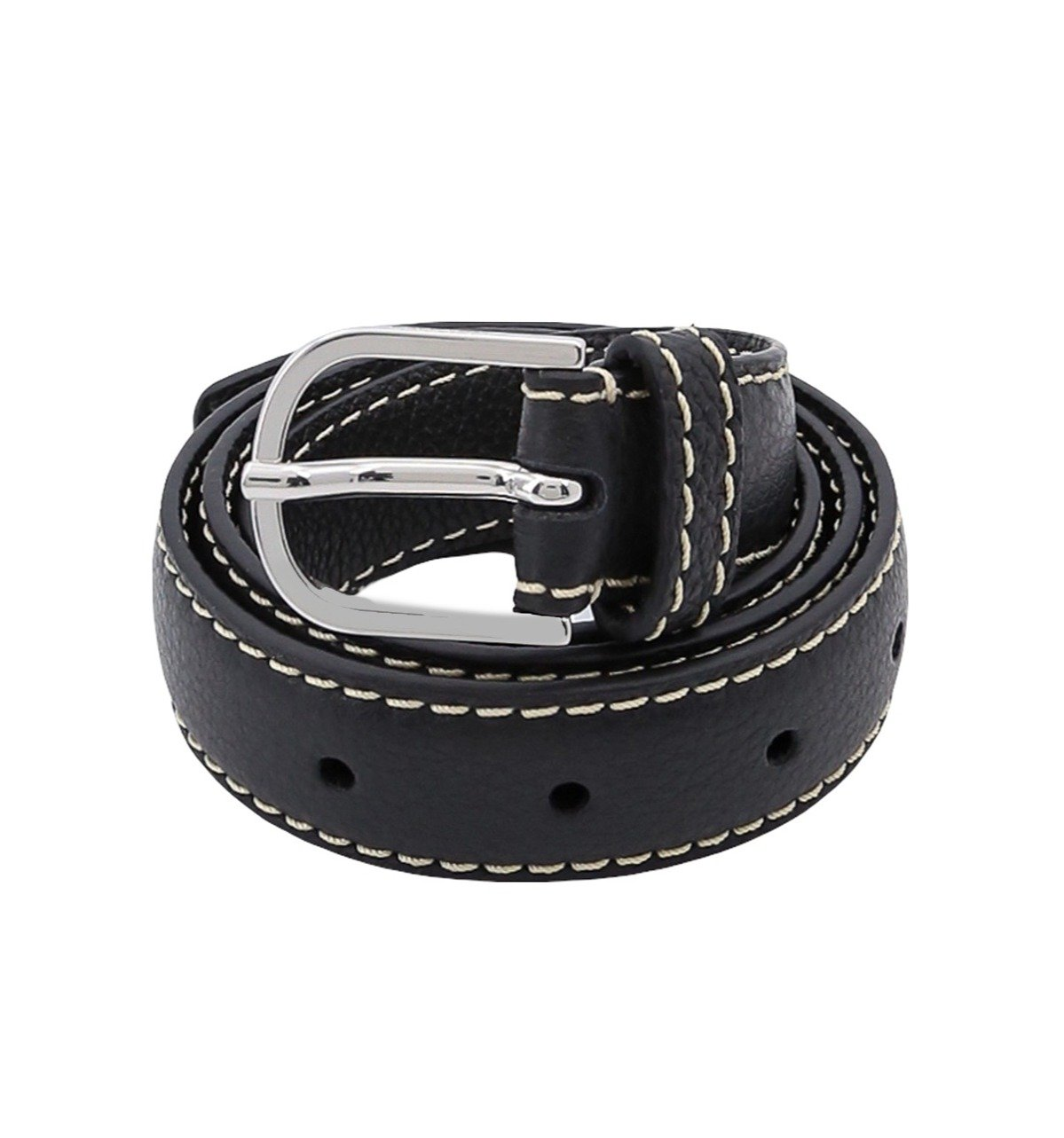 Textured Black Leather Belt With Classic Silver Buckle