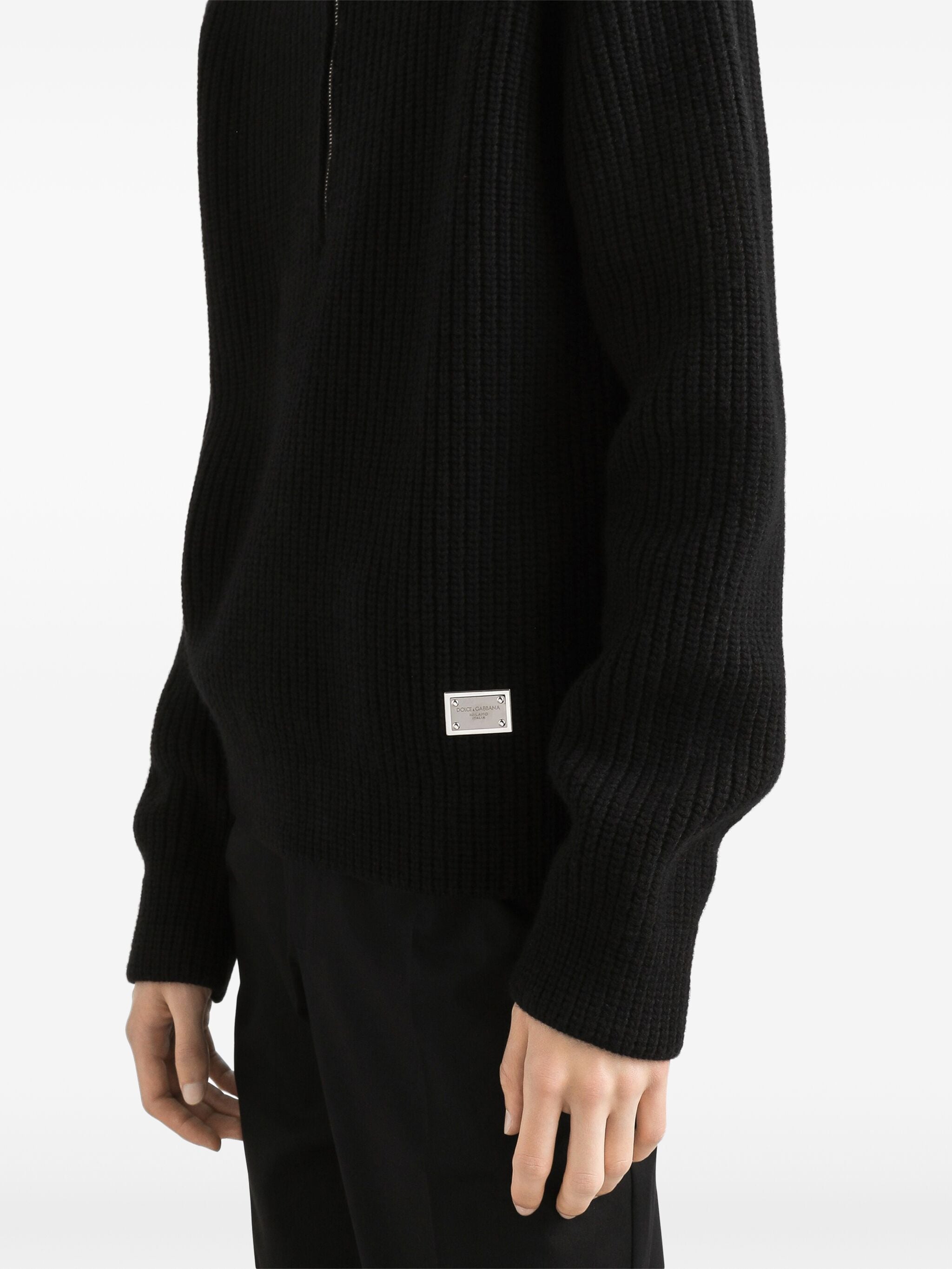 Black Ribbed Knit Half-Zip Wool Pullover