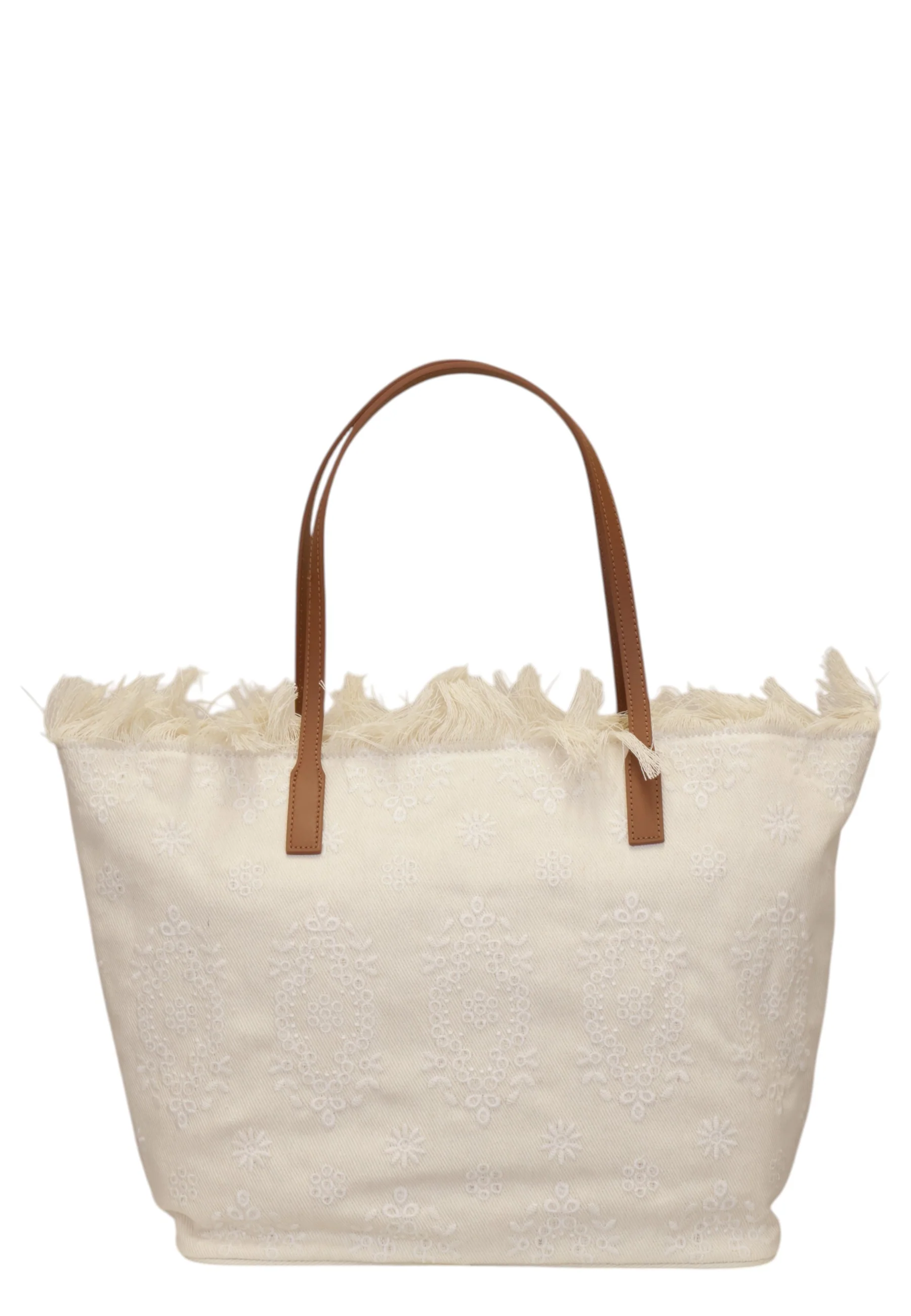 Textured Floral Tote Bag with Leather Handles
