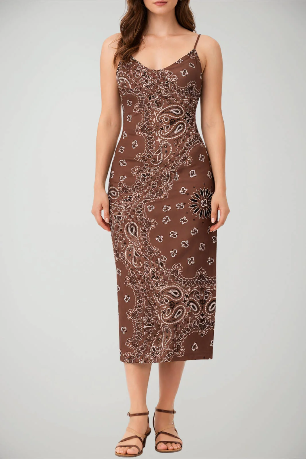 Crisscross Back Midi Dress with Intricate Paisley Pattern