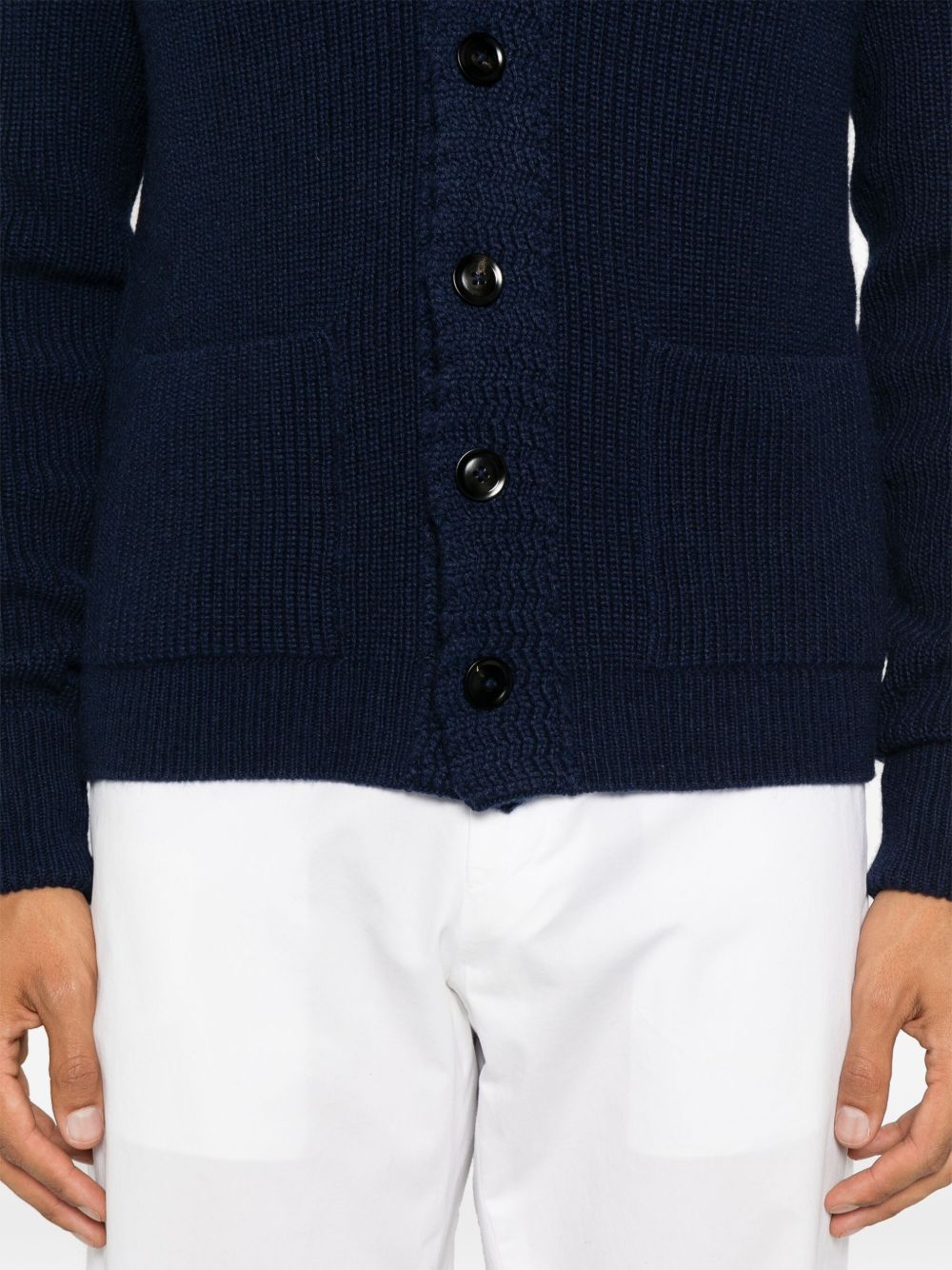 Navy Blue Cashmere Cardigan With Shawl Collar