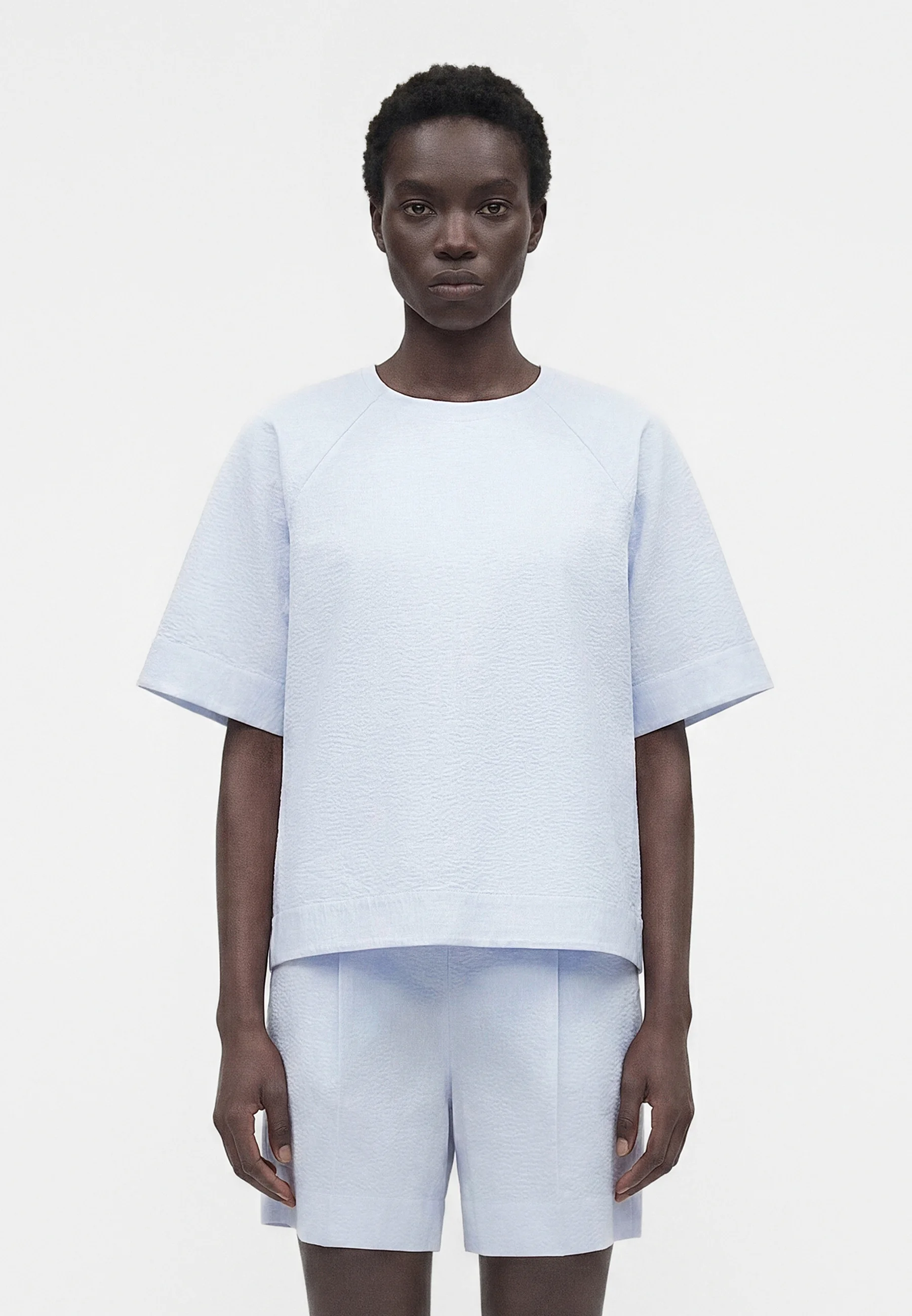 Boxy Short-Sleeved Top with Textured Fabric