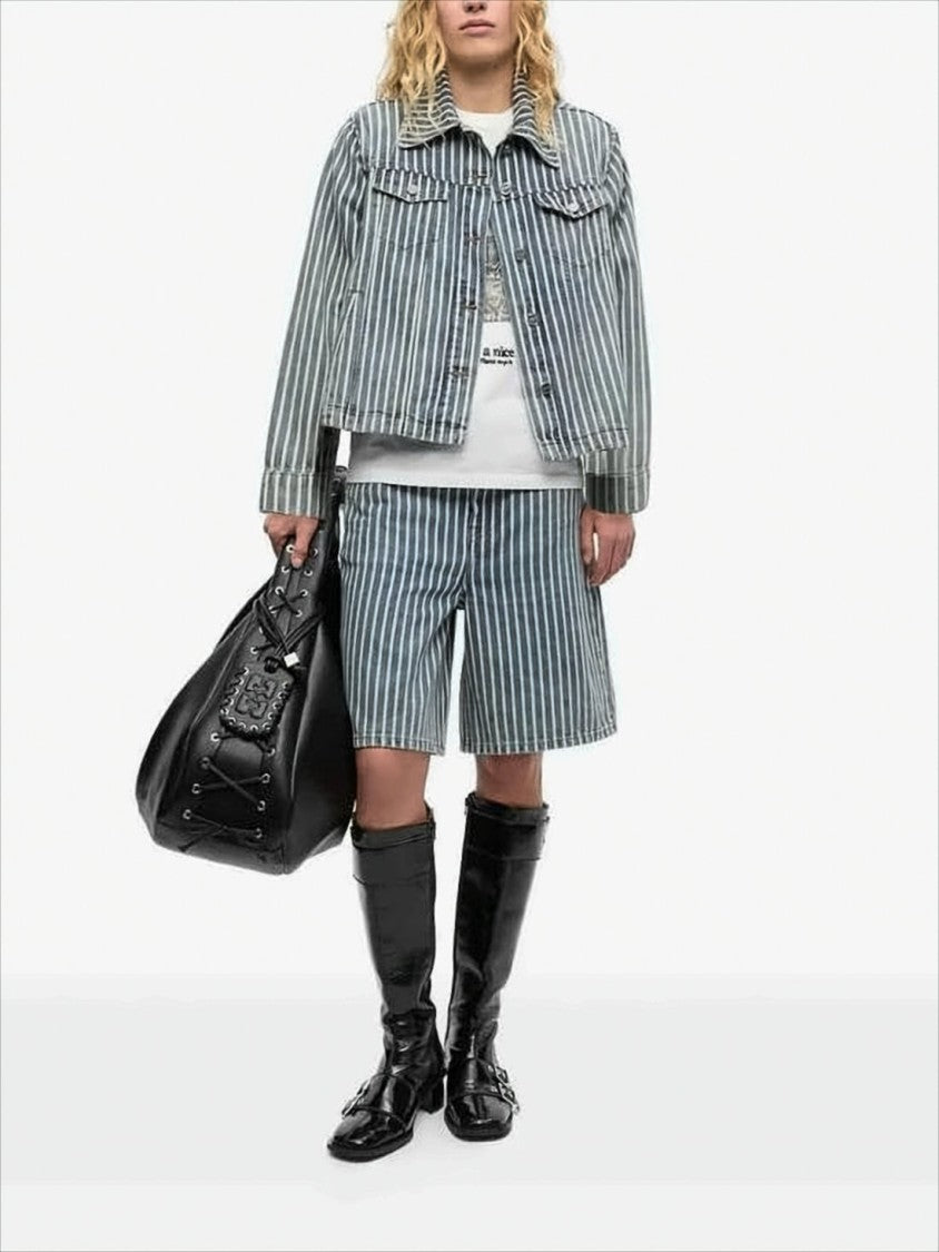 Cropped Denim Jacket with Vertical Stripes