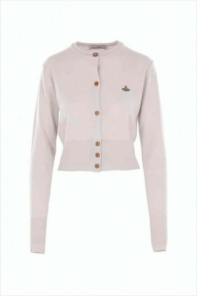 Cropped Button-Down Cardigan with Ribbed Cuffs and Emblem