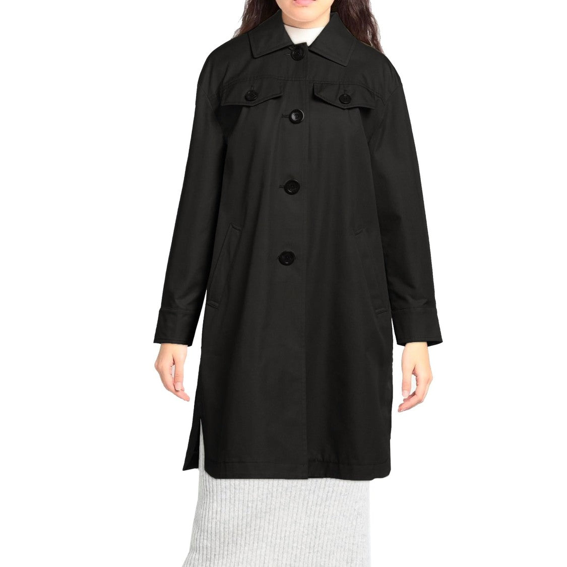Black Cotton Parka With Curved Hem