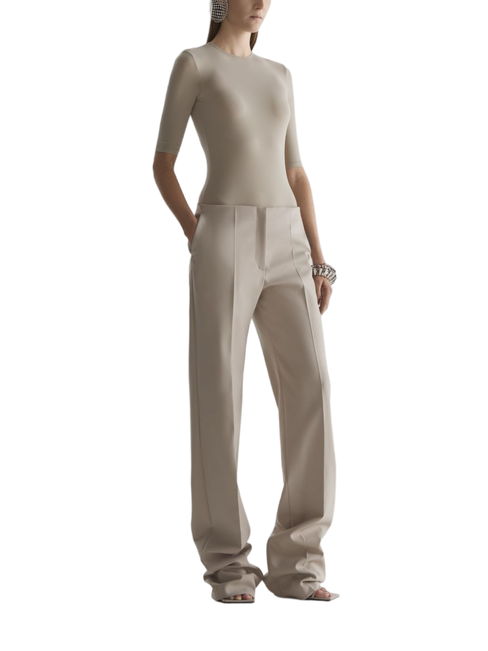 Wide-Leg High-Waist Brown Trousers with Central Crease