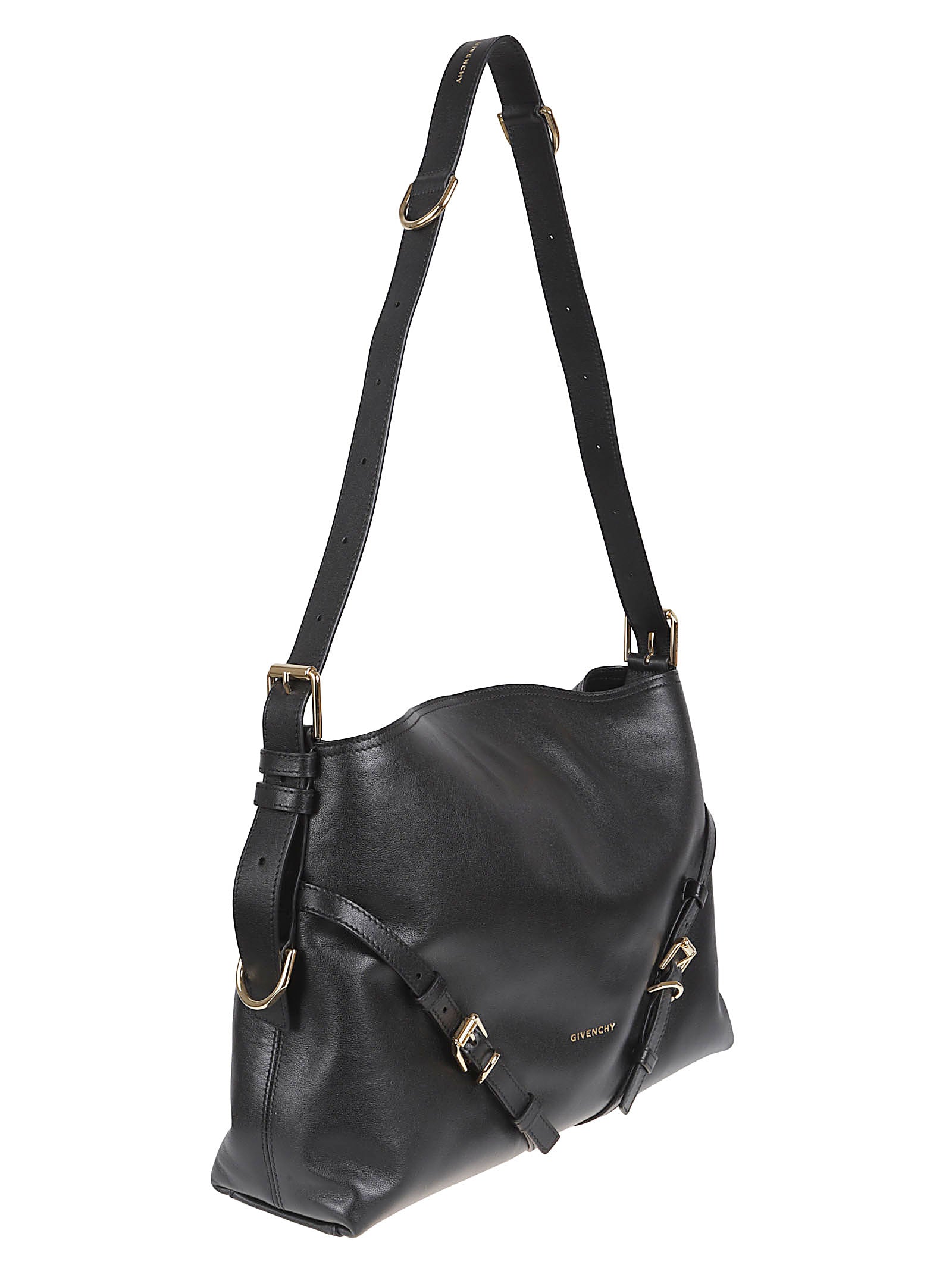 V-Shaped Black Leather Shoulder Bag with Adjustable Strap and Gold Hardware
