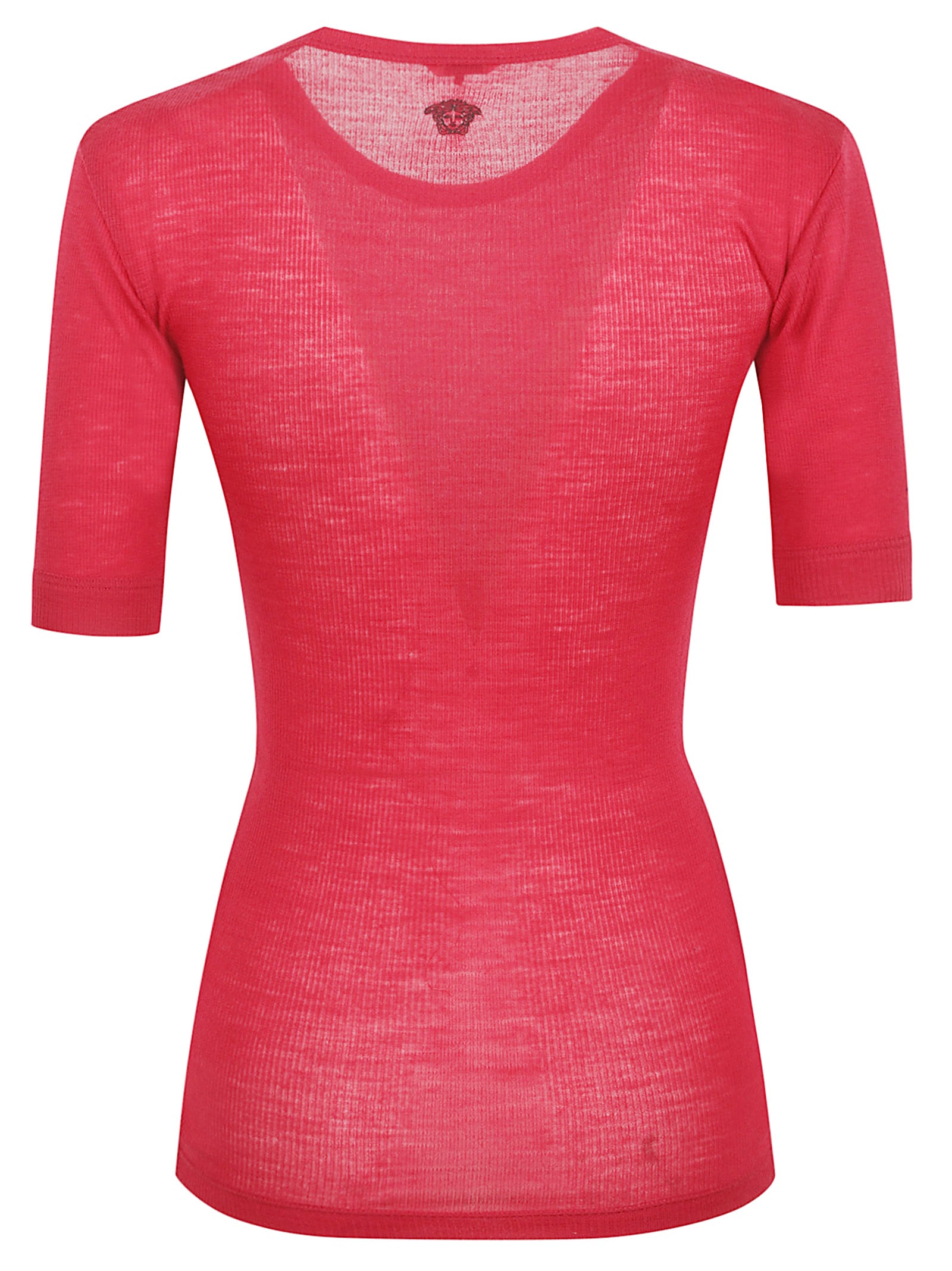 Fitted Ribbed Knit Top with Embroidered Medusa Motif
