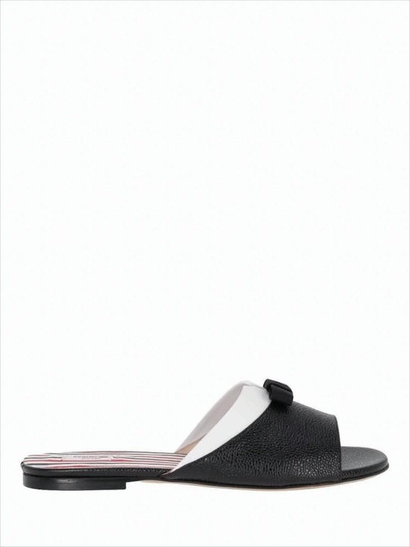 Open-Toe Black Leather Mules with Bow Detail