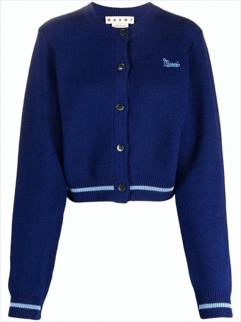 Cropped Deep Navy Cardigan with Textured Wool and Contrasting Stripes