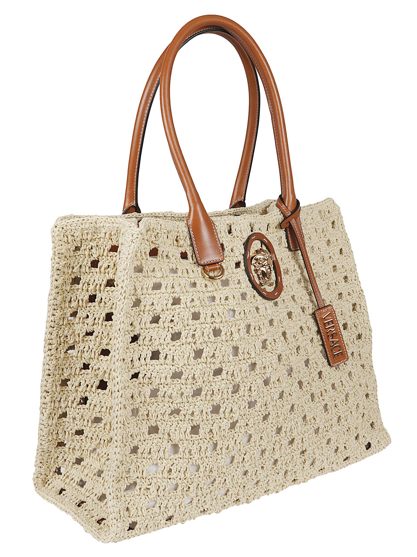 Textured Woven Bag With Gold Medusa Plaque