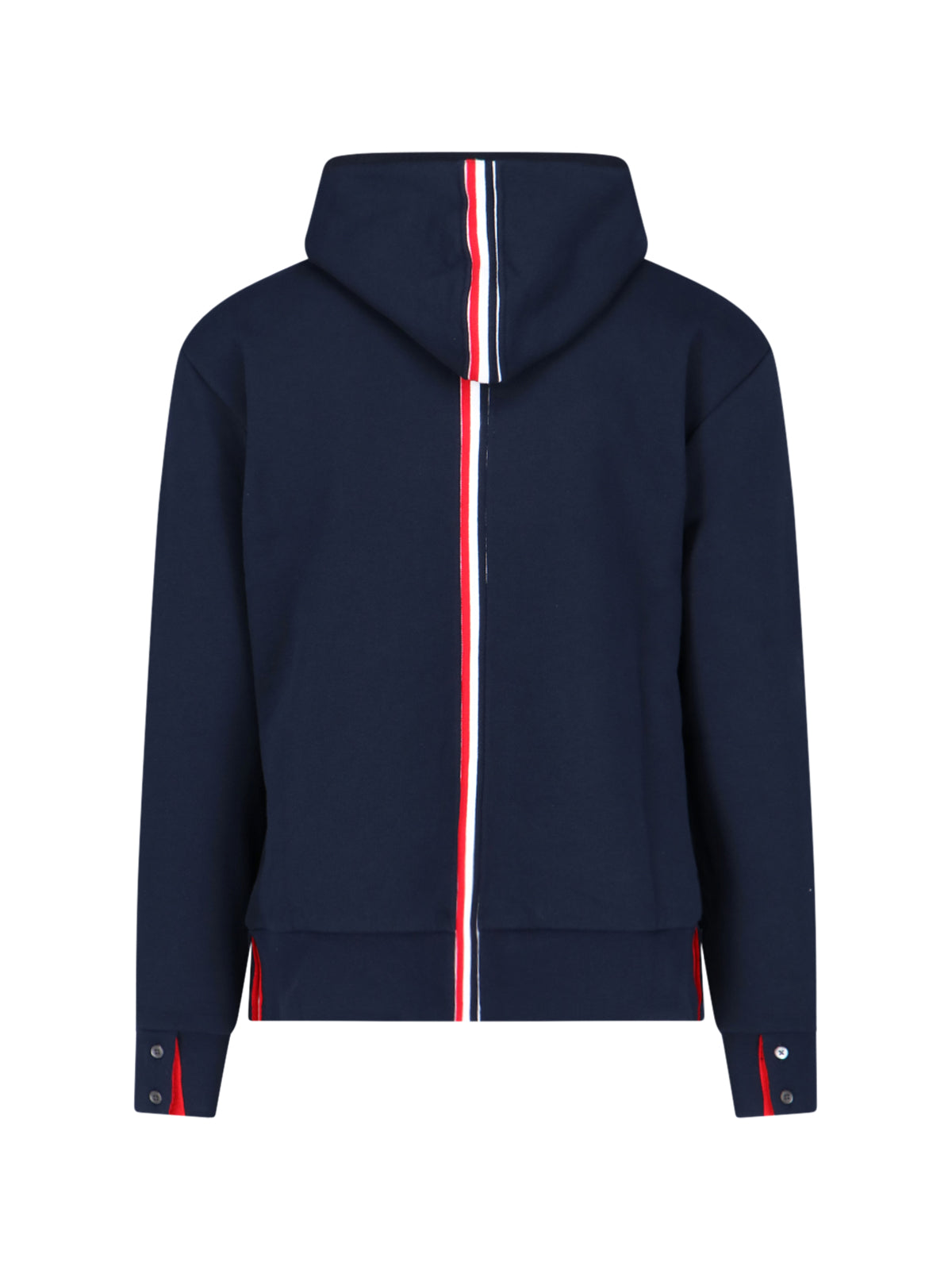 Navy Blue Cotton Hoodie With Grosgrain Stripe Detail