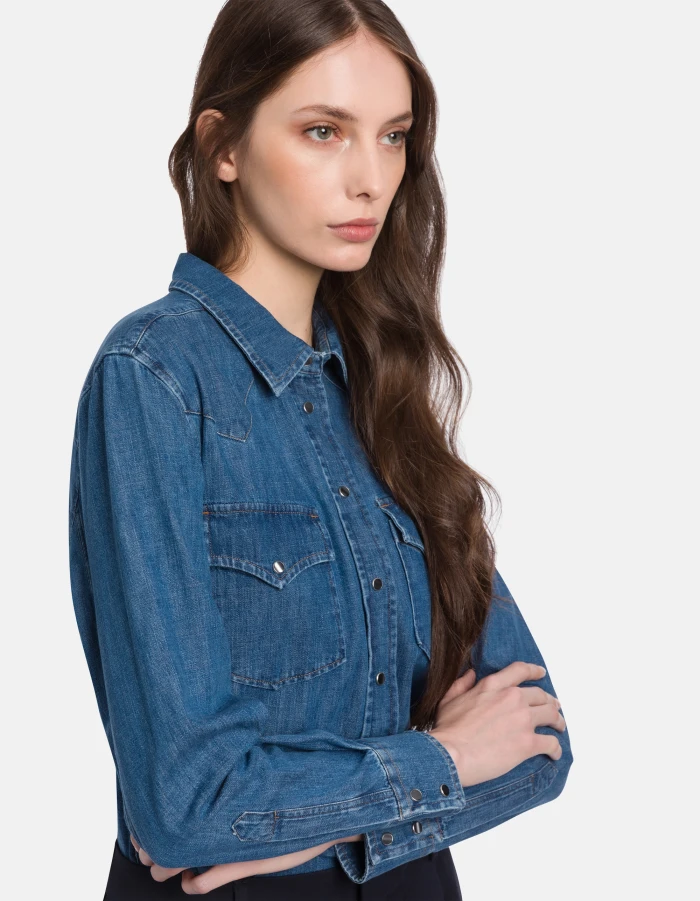 Medium Blue Wash Denim Shirt with Button-Down Front