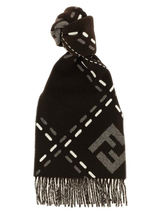 Black Wool Scarf With Stitched Pattern And Fringed Edges
