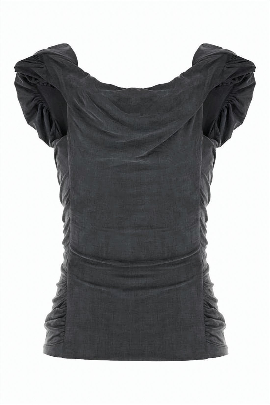 Ruched Black Sleeveless Top with Puffed Shoulders