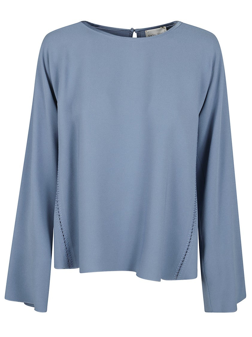 Light Blue Acetate Blend Blouse With Decorative Stitching