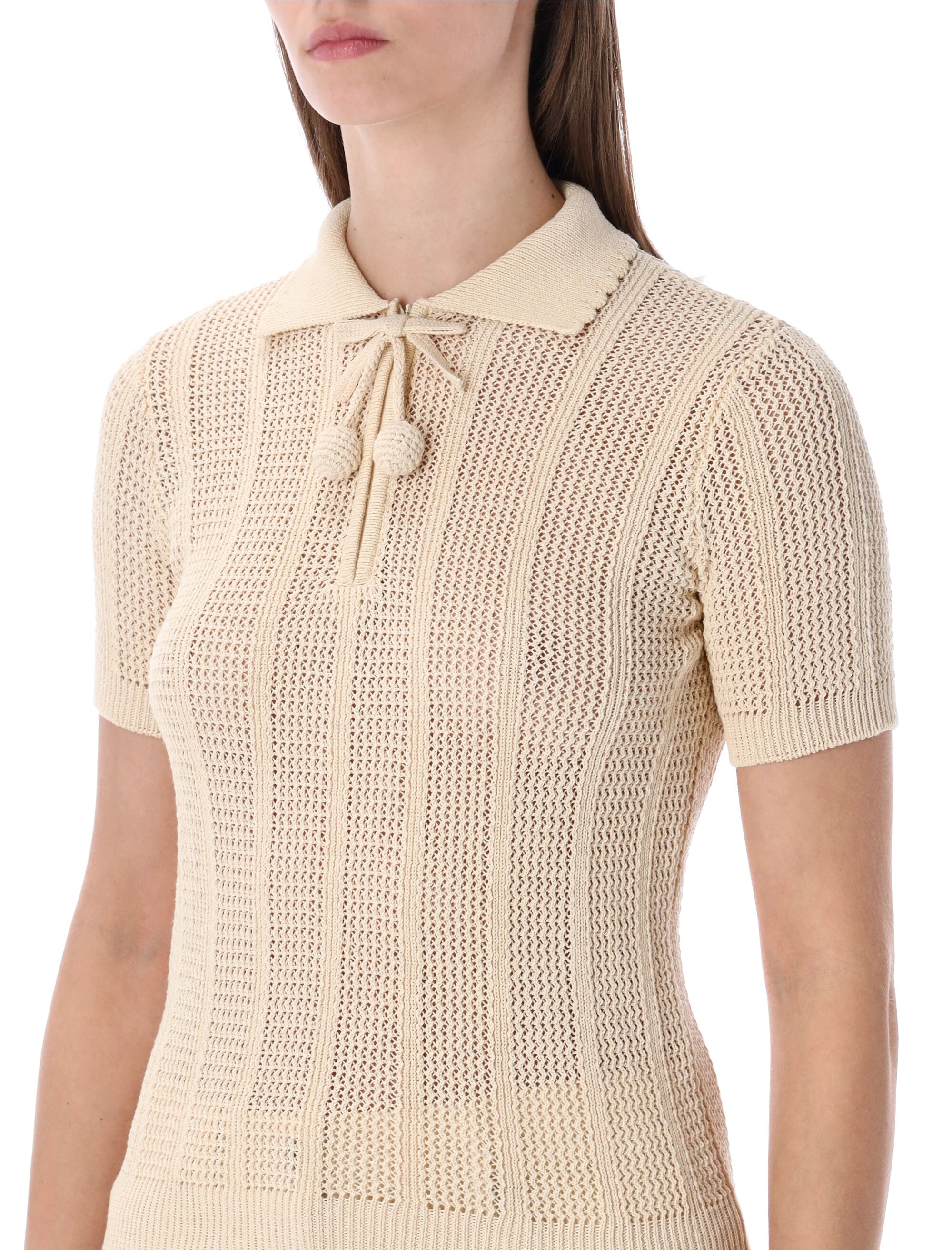 Open-Knit Polo Shirt with Zip Closure and Decorative Cherry Details