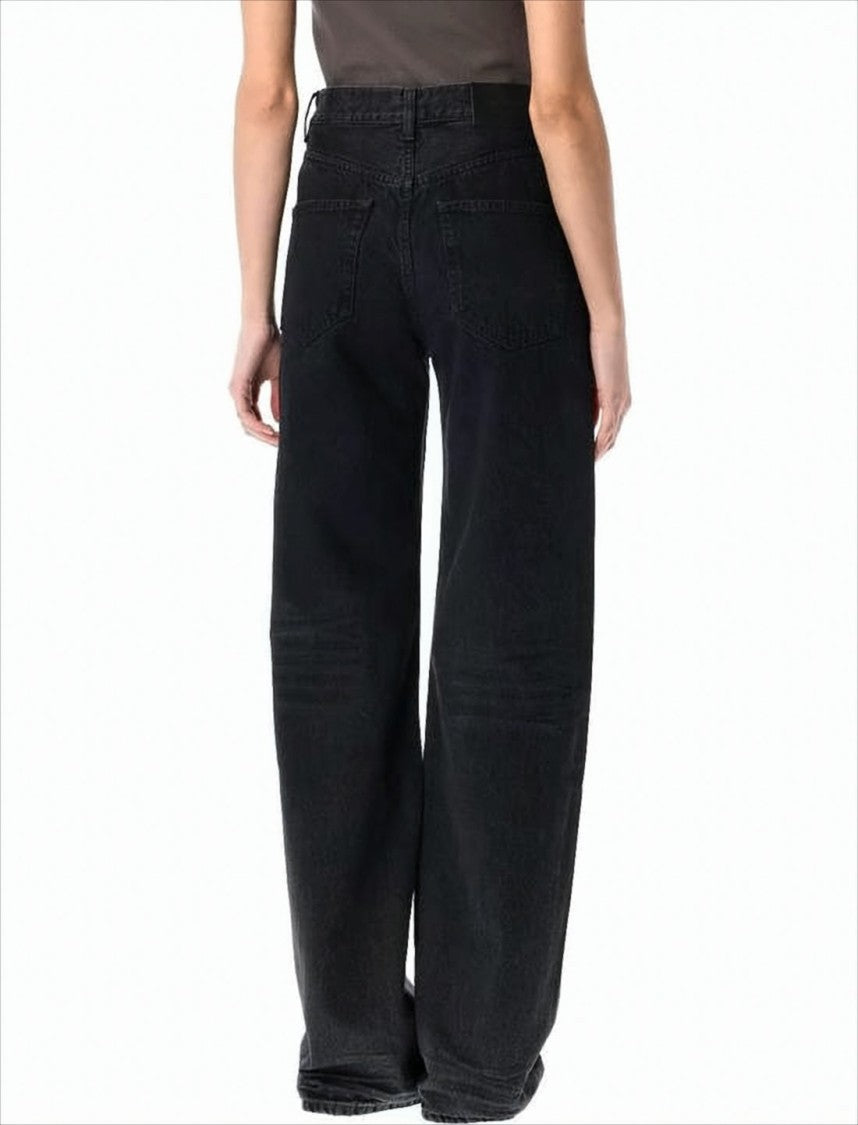 High-Waisted Wide-Leg Denim Pants with Copper Rivets