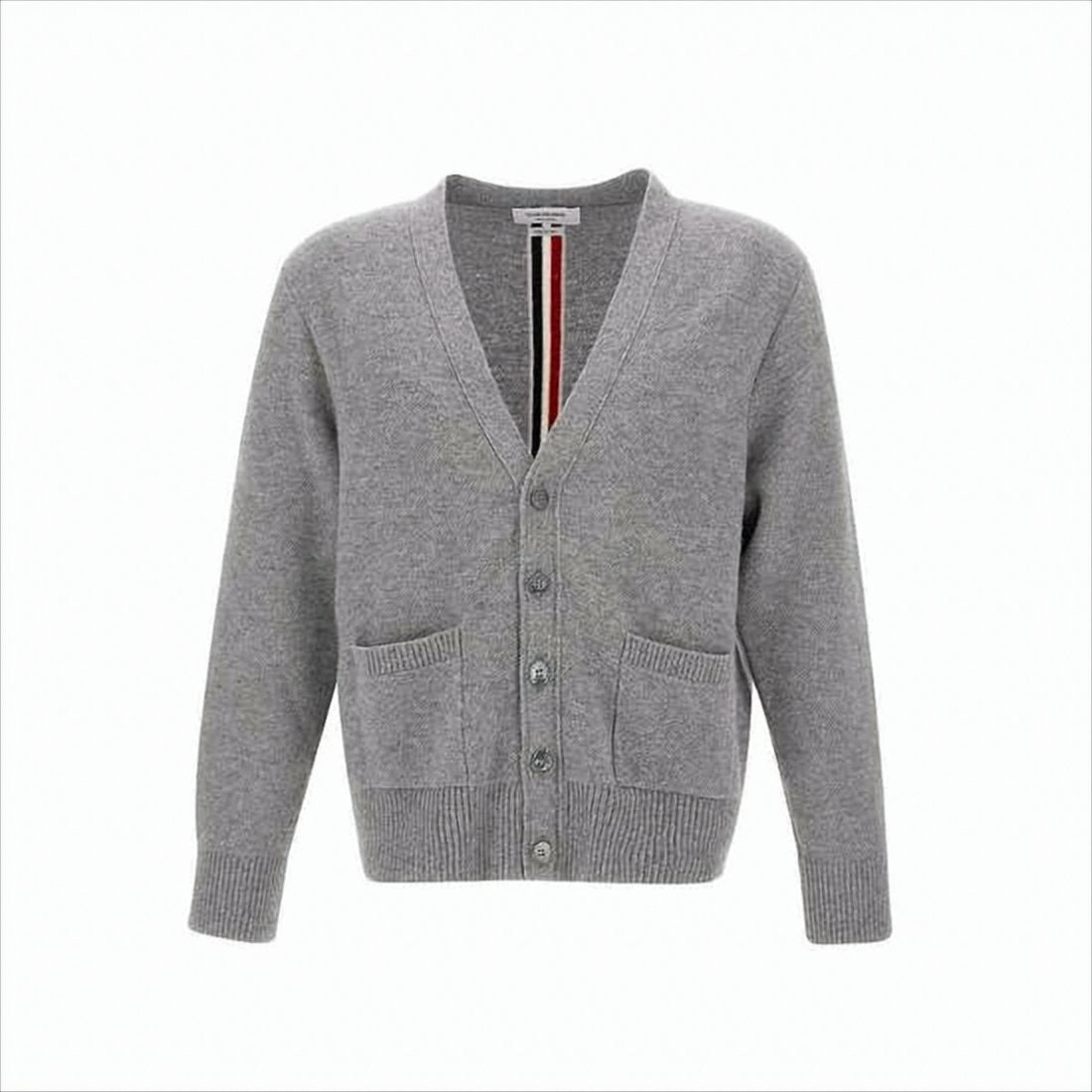 V-Neck Grey Wool Cardigan with Distinctive Stripe Detail