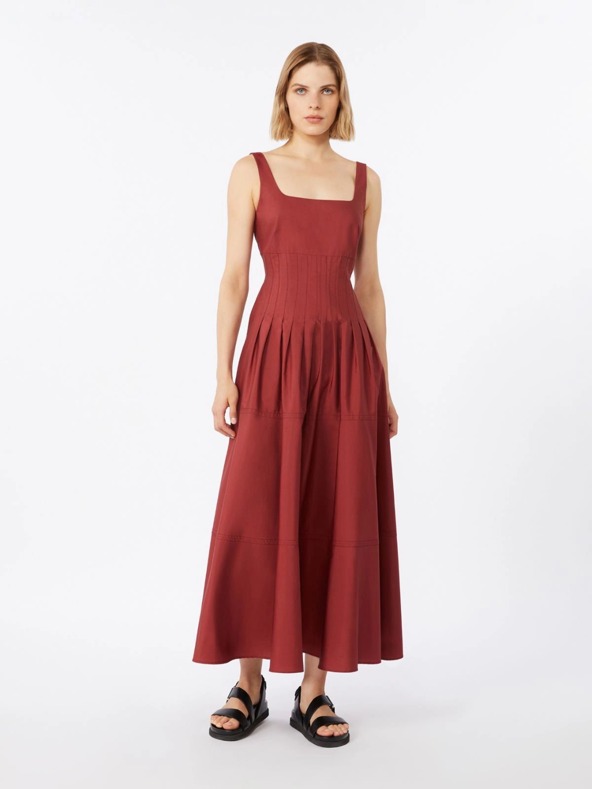 Square Neckline Midi Dress with Flared Skirt