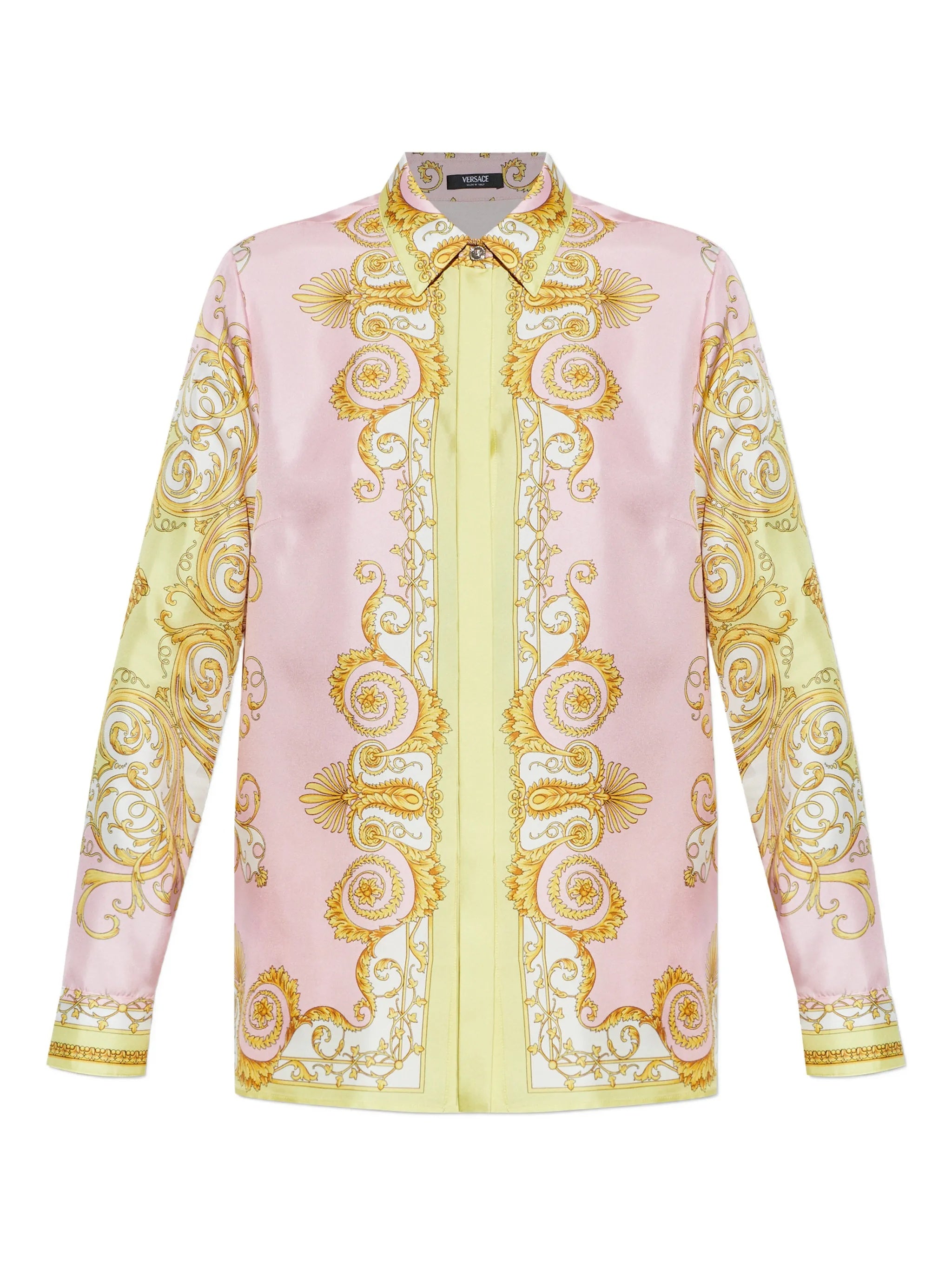 Pastel Pink Baroque-Inspired Silk Scroll Shirt
