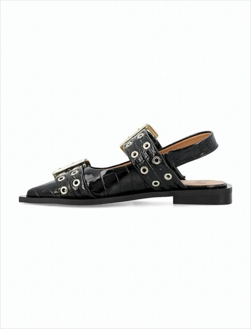 Pointed Toe Flats With Glossy Crocodile-Embossed Leather And Buckle Detail