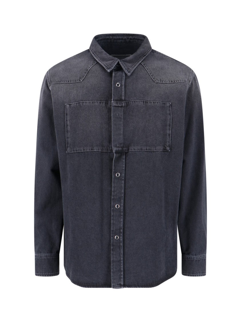 Black Denim Shirt With Visible Stitching And Curved Hem
