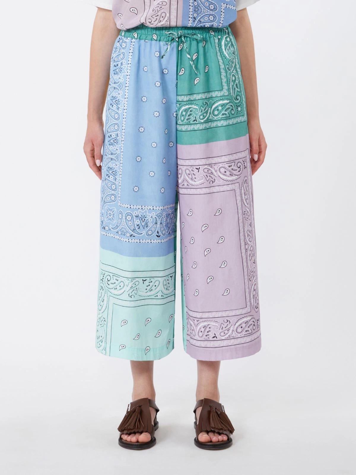 Patchwork Wide-Leg Pants with Elastic Waistband