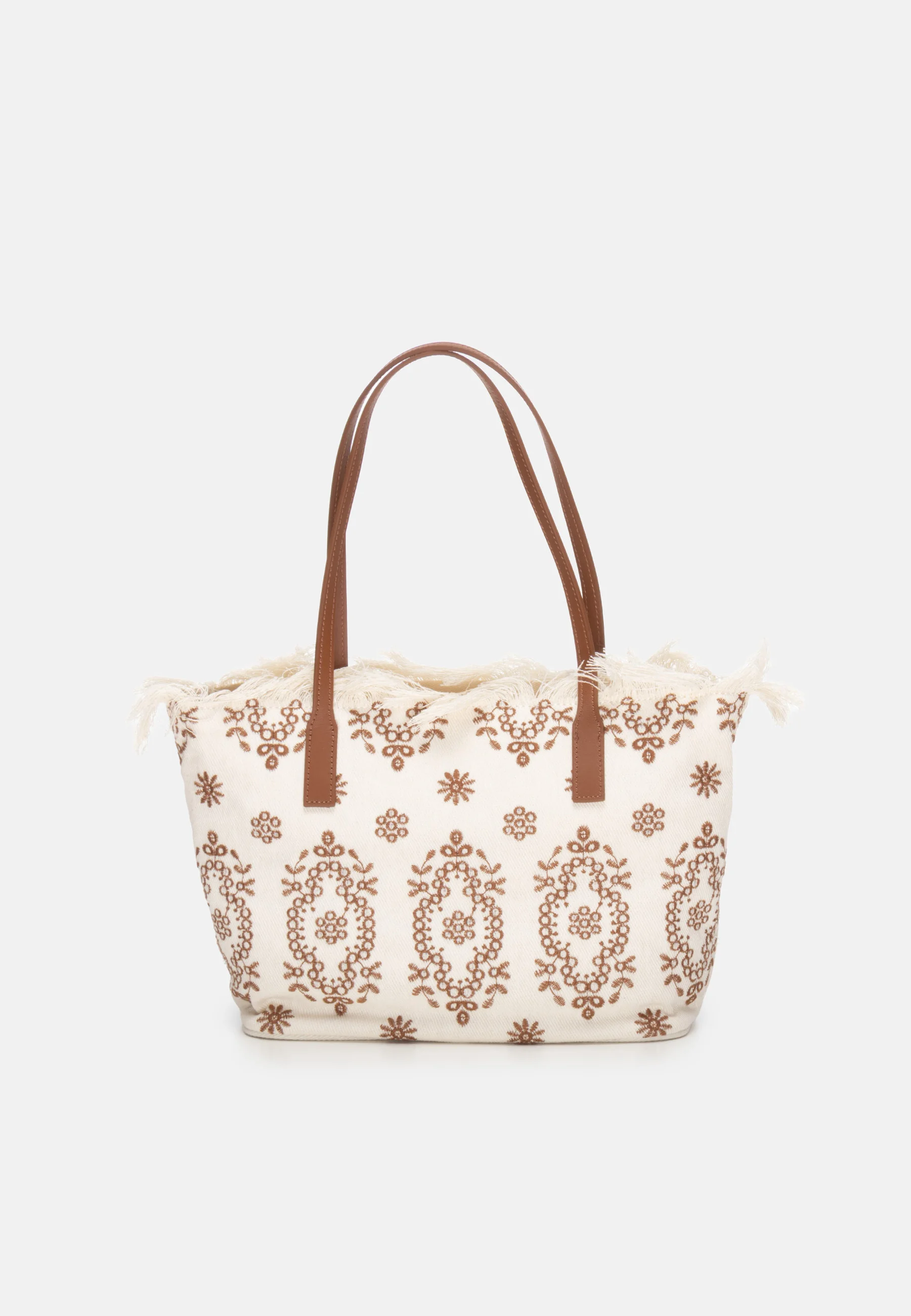 Rectangular Tote Bag with Embroidery and Leather Handles