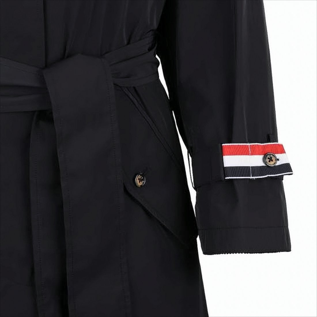 Classic Black Trench Coat with Belted Waist and Decorative Cuffs