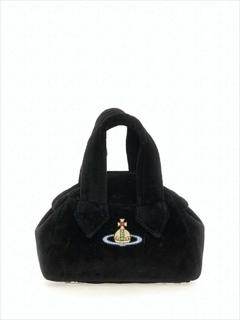 Structured Black Cotton Crossbody Bag with Embroidered Emblem