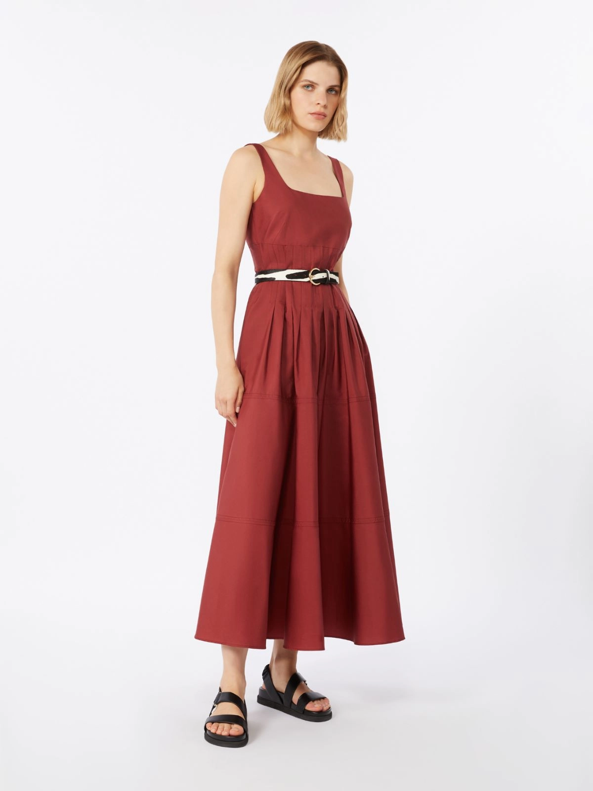 Square Neckline Midi Dress with Flared Skirt