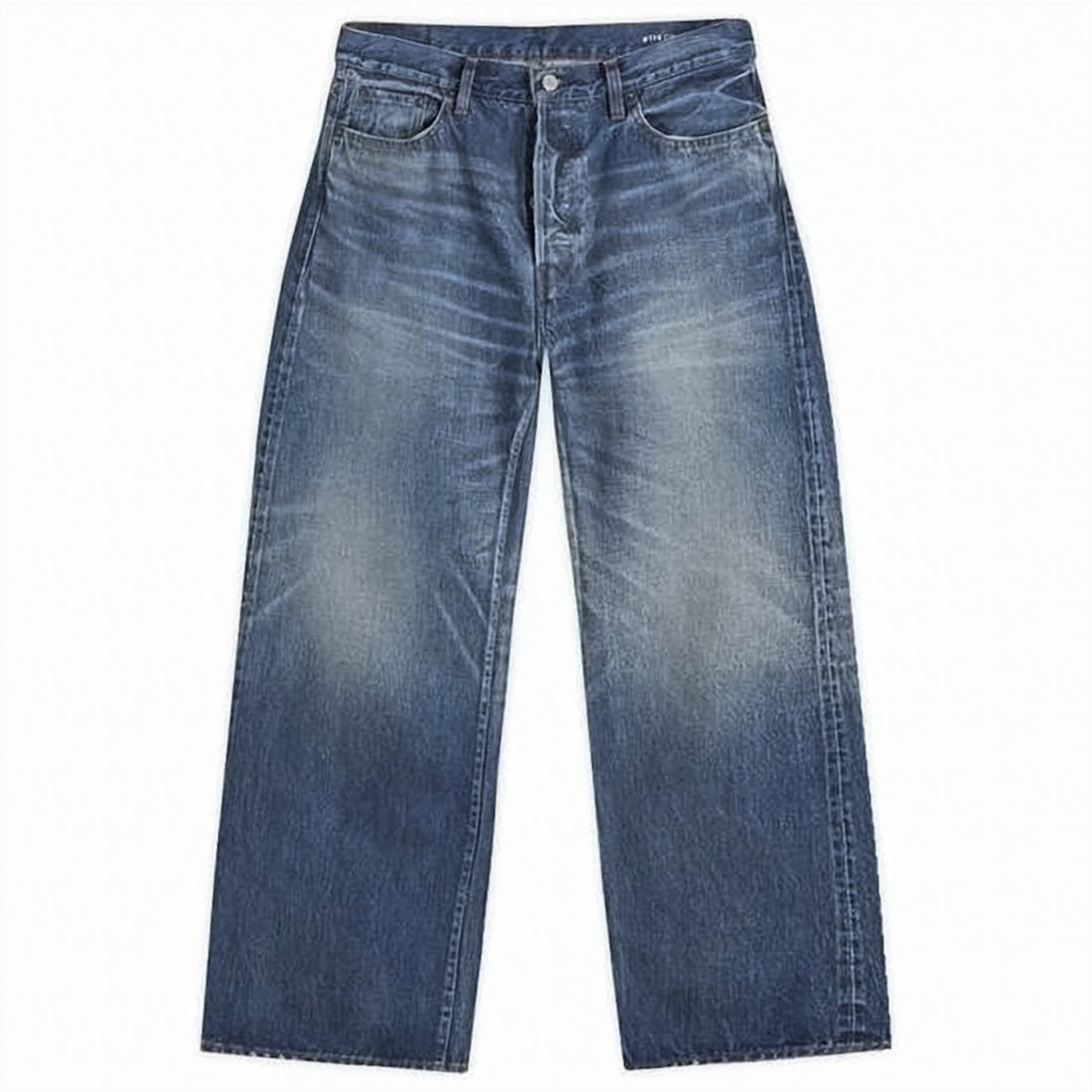 Wide-Leg Denim Trousers with Faded Wash and Whiskering Details