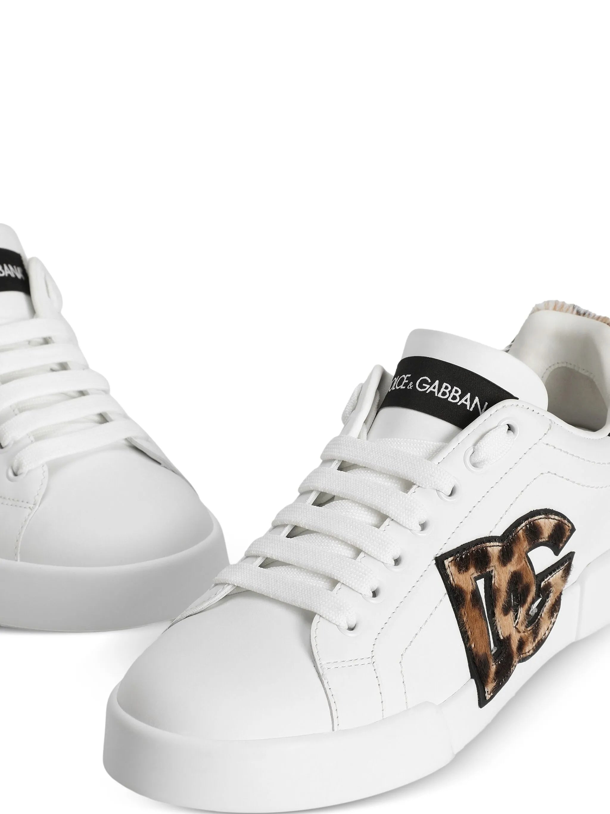 White Low-Top Leopard Print Accent Sneakers