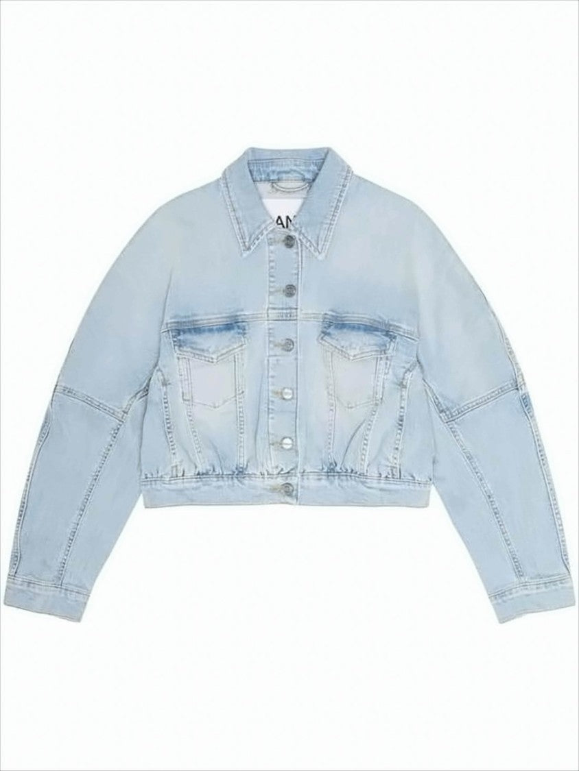 Light Wash Cropped Denim Jacket with Gathered Hem and Flap Pockets