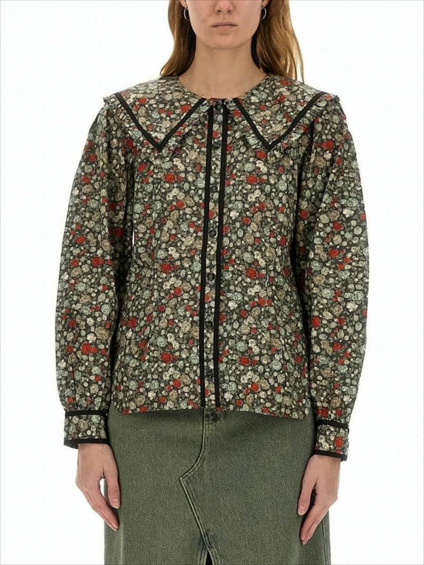 Floral Print Blouse with Oversized Collar and Puffed Sleeves