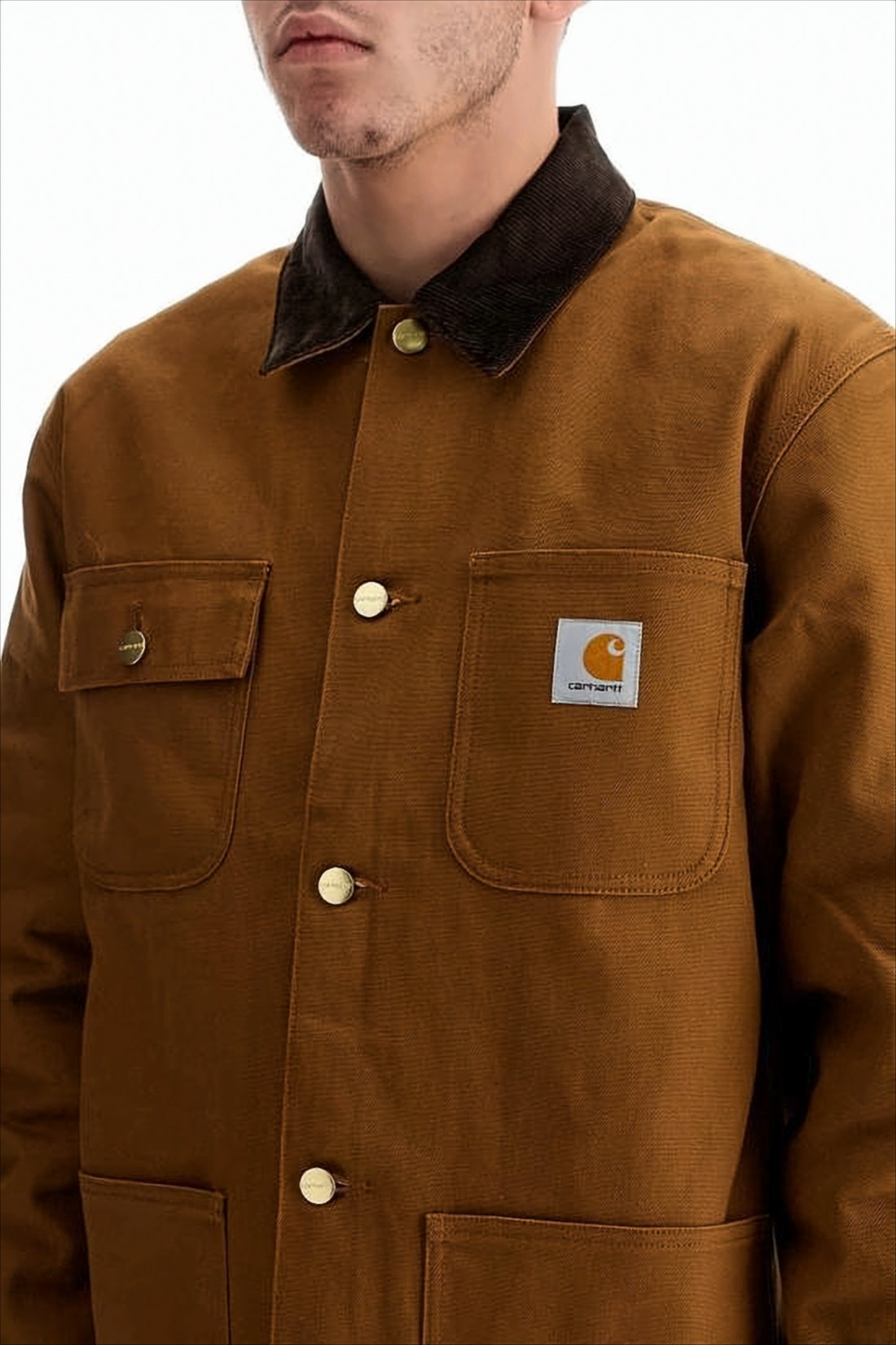 Workwear-Inspired Brown Cotton Jacket with Corduroy Collar