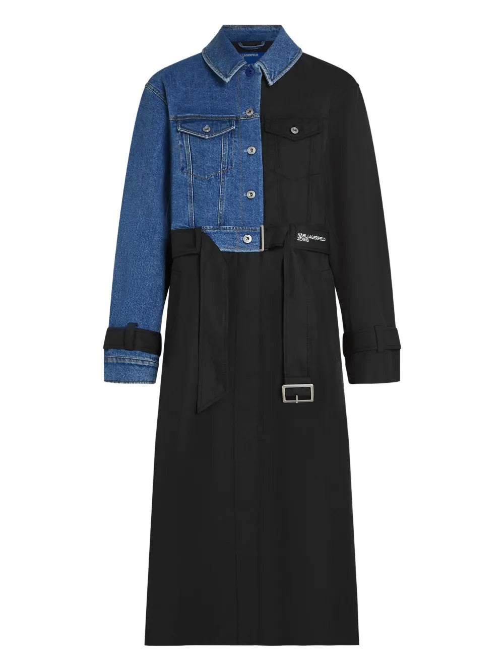 Half-and-Half Denim and Fabric Trench Coat