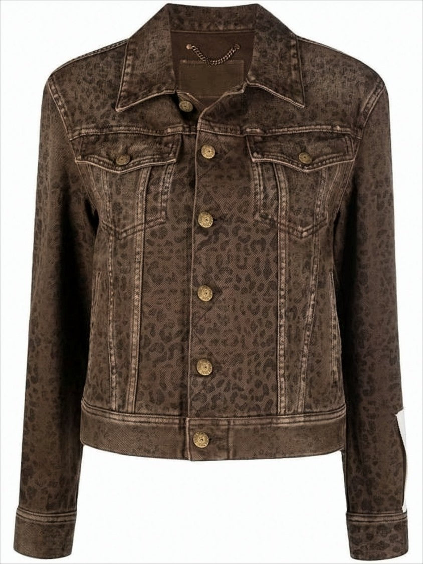 Cropped Denim Jacket with Subtle Leopard Print and Metallic Accents