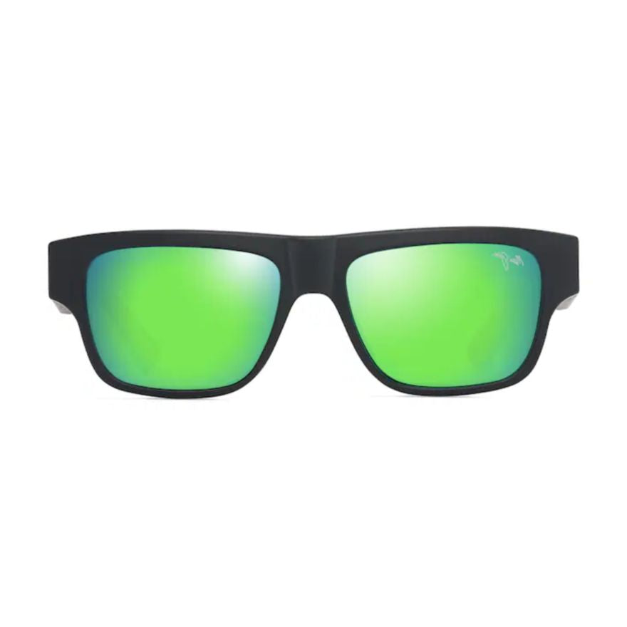 Kokua Bold Rectangular Matte Black Sunglasses with Green Reflective Lenses