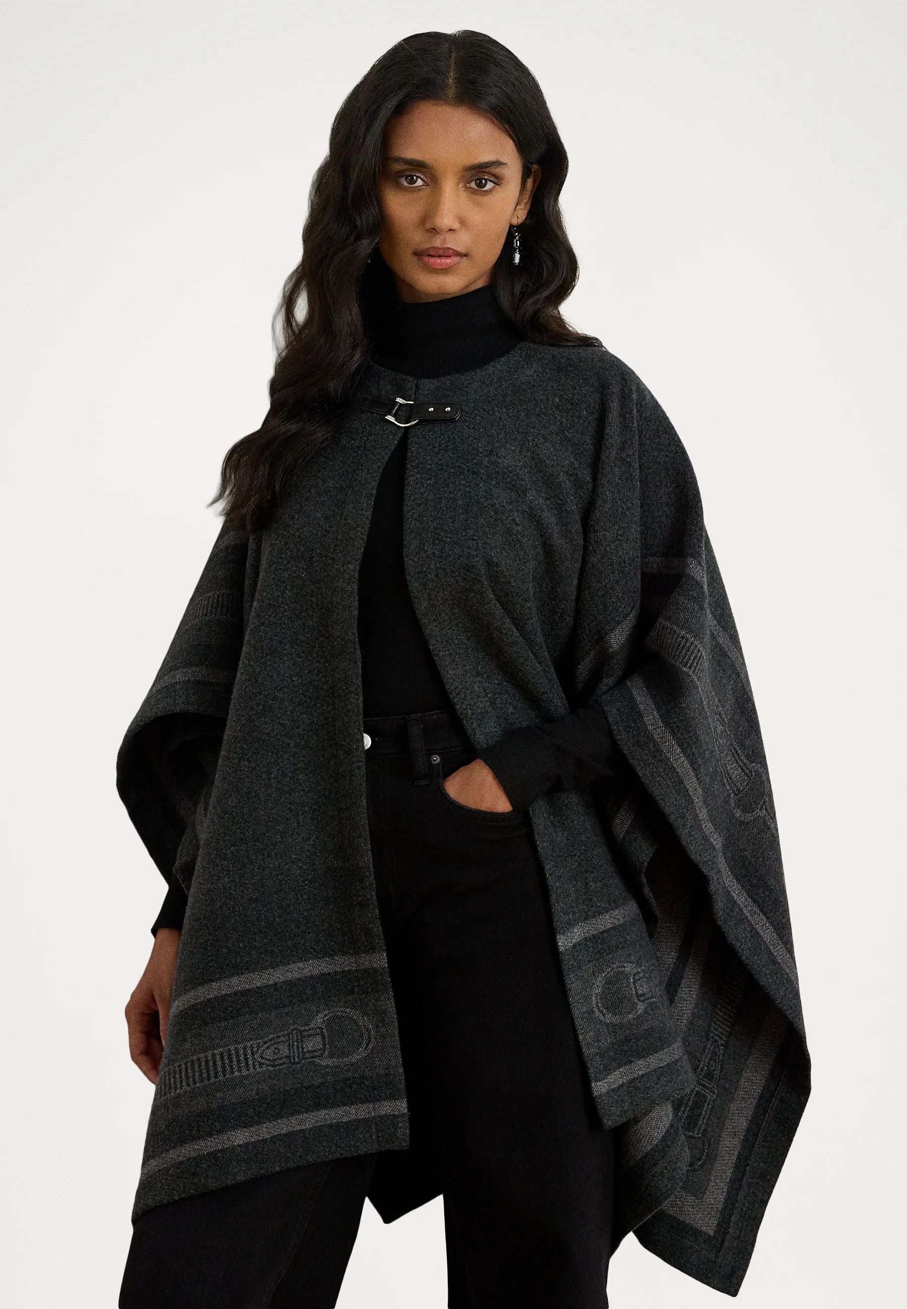 Jacquard-Patterned Black Poncho With Elegant Closure