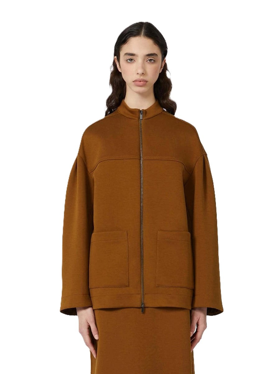 Warm Brown Zip-Up Sweatshirt With High Collar
